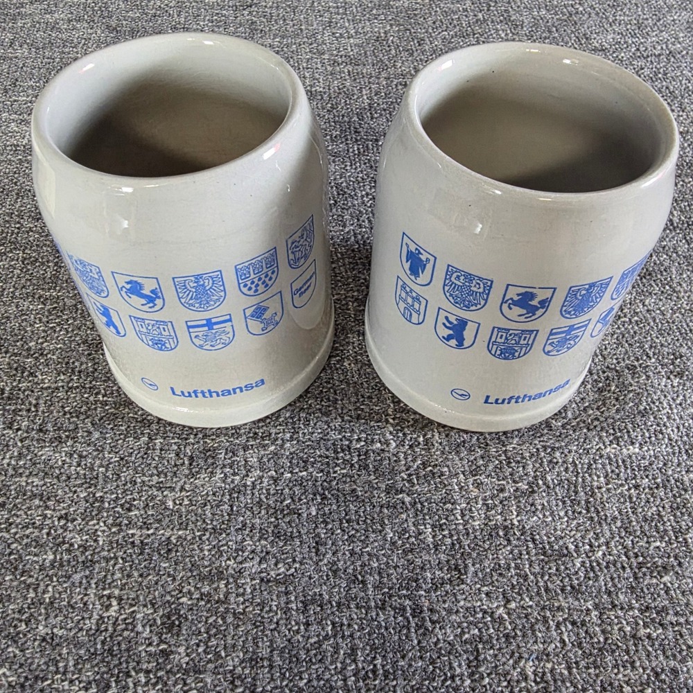 Lufthansa German Beer Stein Set of 2 Grey Stoneware 0.3L Heraldic Crest Mugs